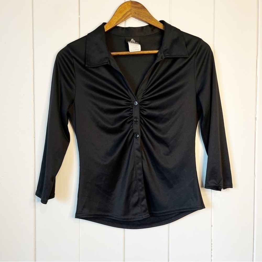 Vintage 90's Anxiety Cafe Black Quarter Length Mid-Drift Blouse. Size XL.